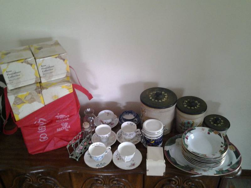 lot 133 image: Crock Canisters, 10-Avon Water GobletCandle Sets, Tea Cups & Saucers