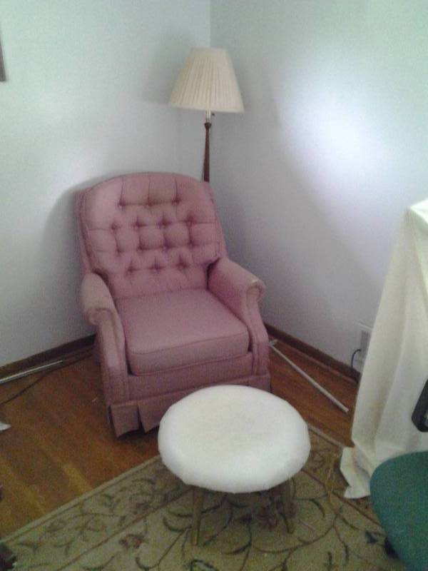 lot 145 image: Mauve Swivel Rocker, Round Ottoman Footstool, Floor Lamp