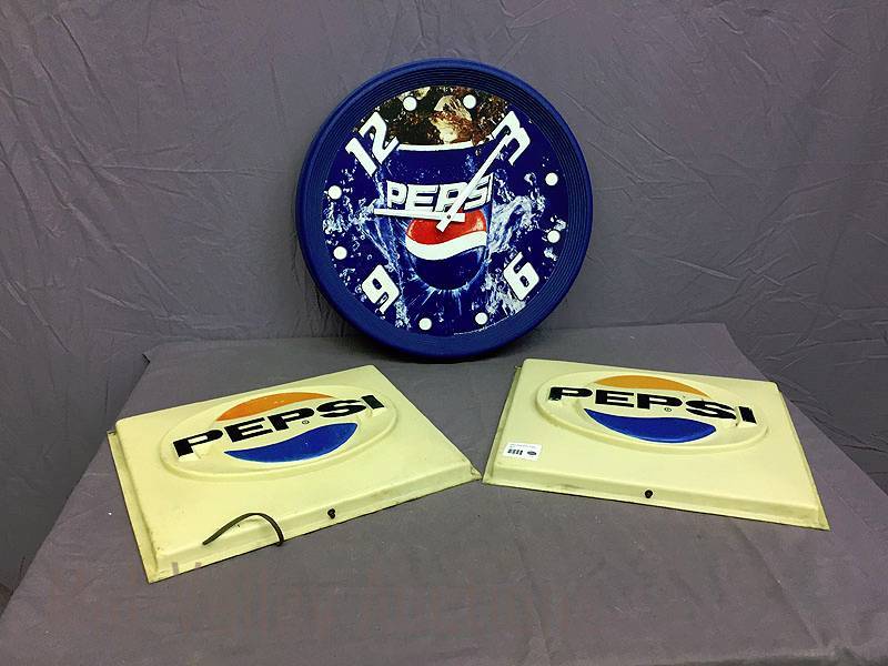 lot 47 image: Pepsi clock and 2 Pepsi signs