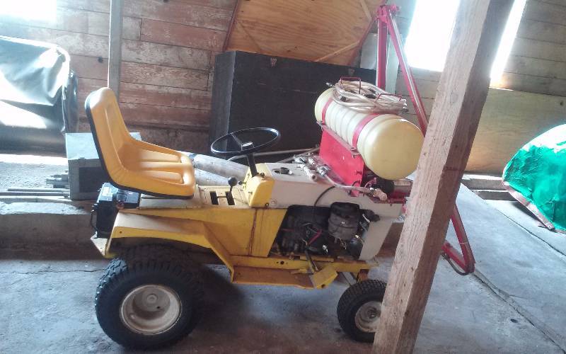 lot 5 image: Converted Montgomery Wards Lawn Tractor w12 FT Electric Wing Arm Sprayer