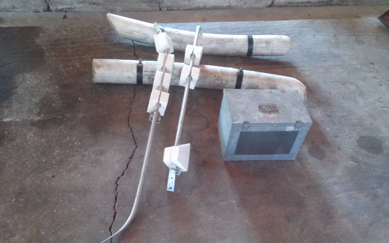 lot 13 image: Lot - Galvanized Live Trap, Canoe Outriggers, CanoeCar Top Mounted Blocks