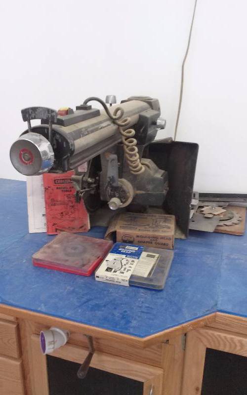 lot 85 image: Craftman Radial Arm Saw w Solid Oak Work BenchCabinet
