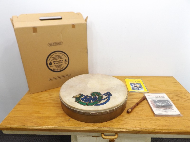 lot 14 image: Vintage Hand Painted Malachy Kearns Bodhran Irish Drum in Original Box