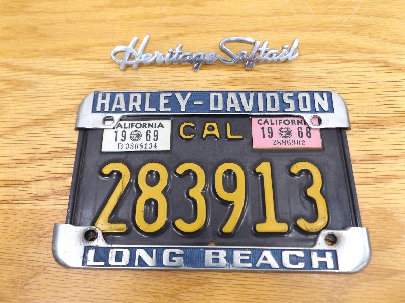 lot 42 image: Vintage California Motorcycle License Plate Harley Davidson Emblem, etc.