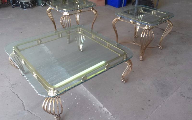 lot 14 image: Set of Solid Brass Based Coffee Table and End Tables.  Has very heavy 1 Glass Tops.