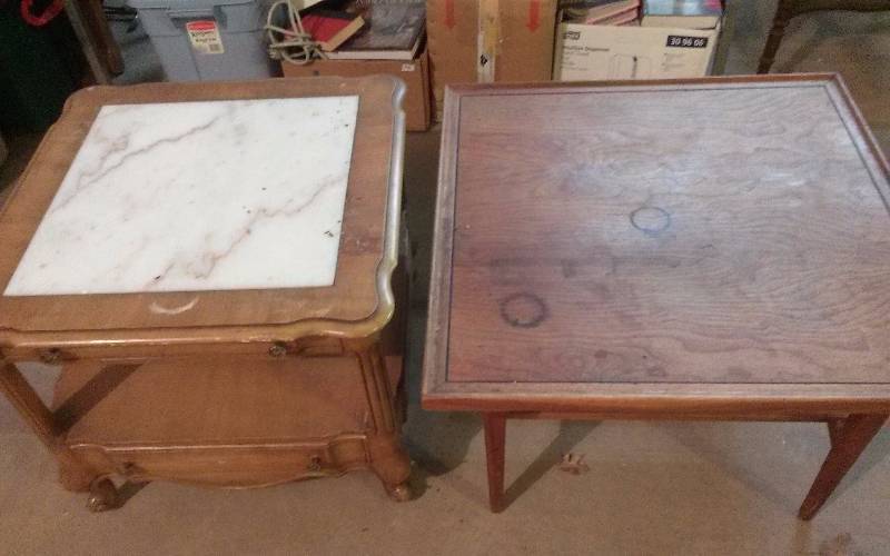 lot 16 image: Lot - Marble Top Side Table and Drexel solid walnut Mid Century Modern Coffee Table