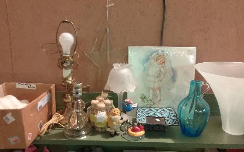 lot 41 image: Lot - Child Bride Print, Blue Glass Pitcher, Misc