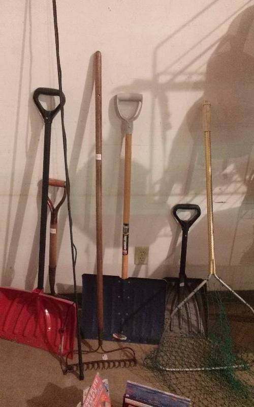 lot 53 image: Lot - Shovels, Horse Whip, Fish Net