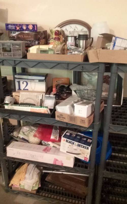 lot 58 image: Lot - Misc Games, Houseware, Small Crocks, etc. Shelf not included