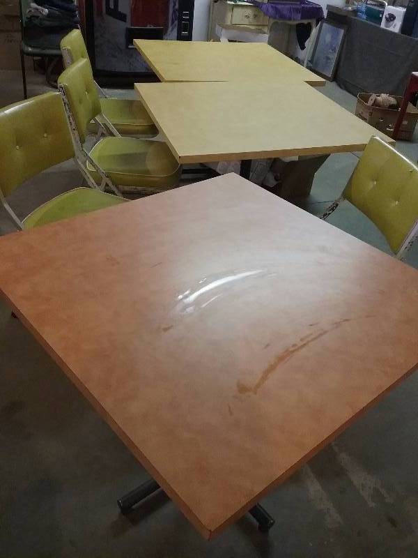 lot 75 image: Lot - 5 Square Colored Tables - Orange, Yellow, Blue.  With 4 Yellow Padded Chairs
