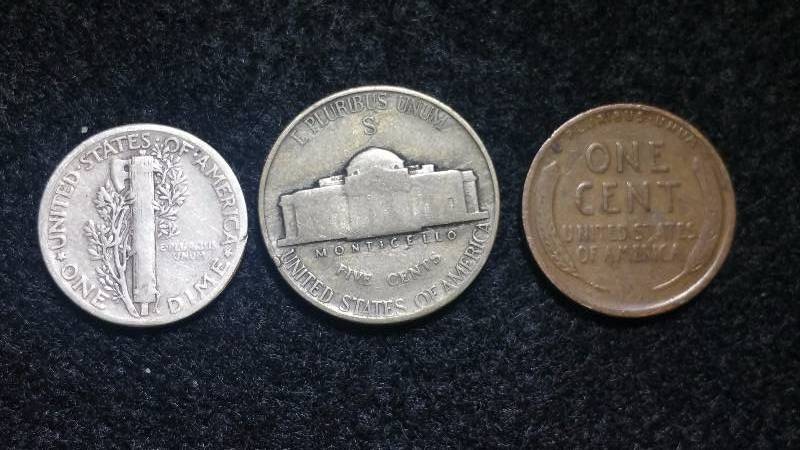 Mercury Dime, Silver War Nickel, 1917 Wheat Cent