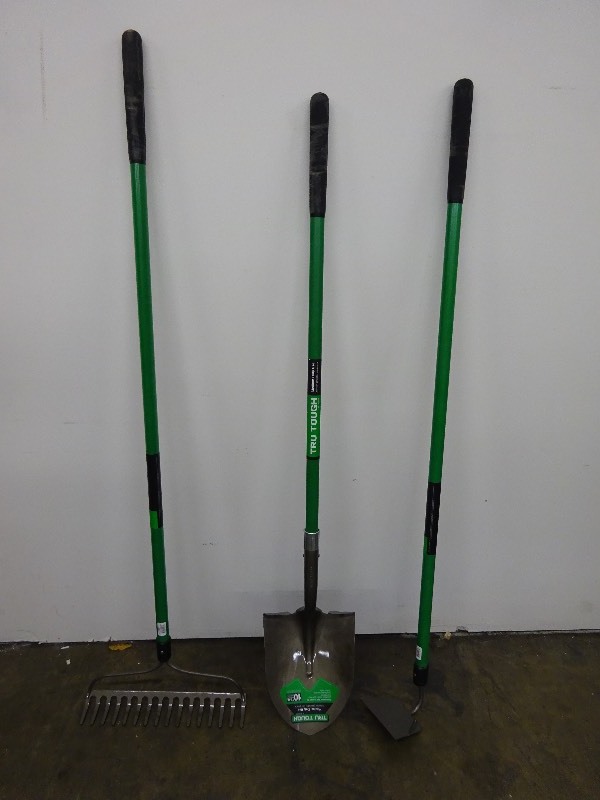 lot 2 image: Iron Rack, spade shovel, hoe made by tru tough, fiberglass handles all new