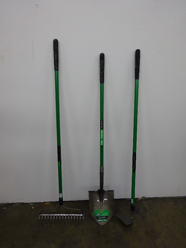 lot 3 image: Iron Rack, spade shovel, hoe made by tru tough, fiberglass handles all new