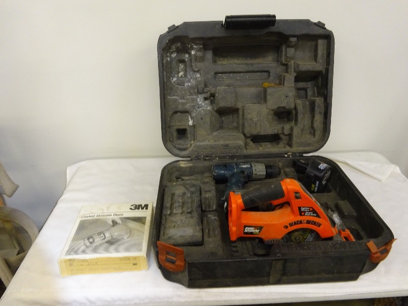 lot 28 image: Sandpaper black and a Decker circular saw with batter, Ryobi Drill