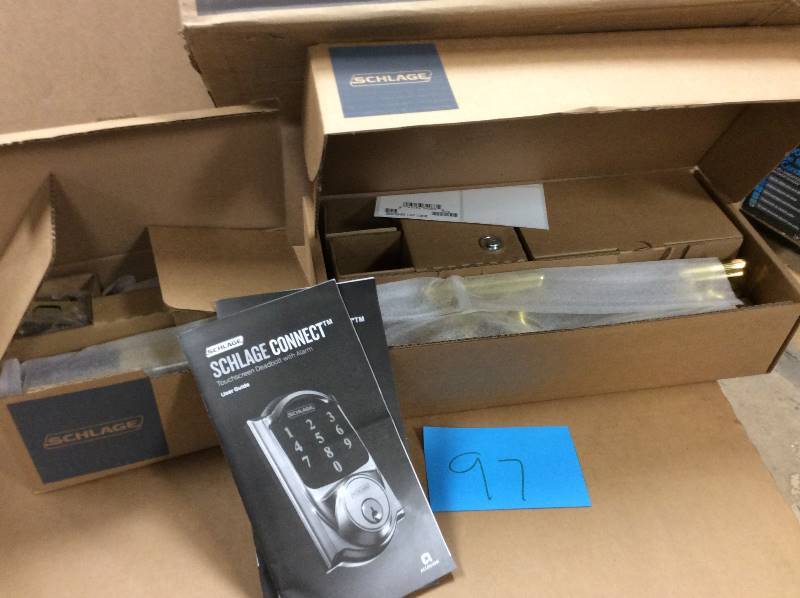 lot 97 image: Schlage Connect Camelot Satin Nickel Touchscreen Deadbolt with Alarm and Handleset with Accent Interior Lever