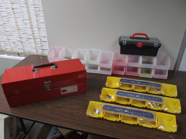 lot 28 image: Lot of Hardware Bins & NEW Metal Tool Box.