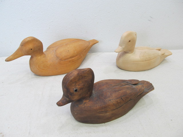 lot 18 image: 3 Unpainted Carved Duck Decoys