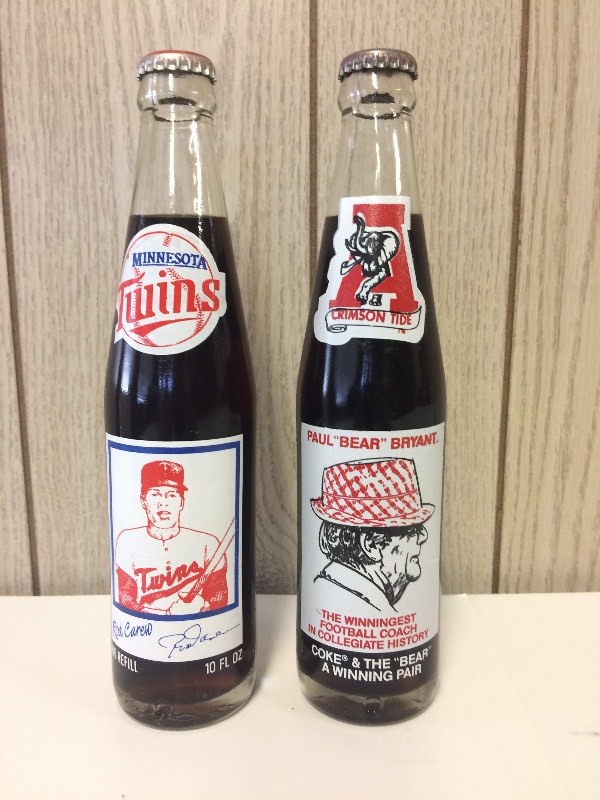 lot 13 image: 2 Vintage Coca-Cola Bottles - Sports - Twins & Crimson Tide