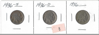 Three Buffalo Nickels - 1936, 1936-D,& 1936-S