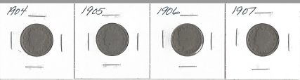 Four Liberty Head Nickels - 1904, 1905, 1906, & 1907