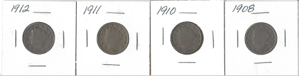 Four Liberty Head Nickels - 1908, 1910, 1911, & 1912