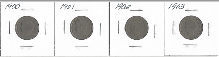 Four Liberty Head Nickels - 1900, 1901, 1902, & 1903