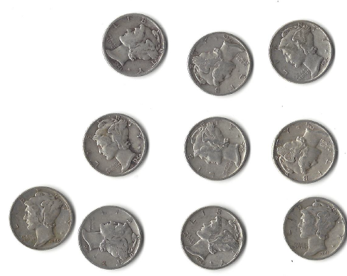 Ten Different Mercury Dimes