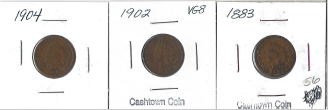 Three Different Indian Pennies - 1883, 1902, & 1904