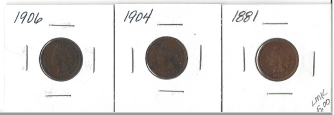 Three Different Indian Pennies - 1881, 1904, & 1906