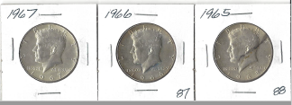 Three Different Kennedy Half Dollars - 1965, 1966, & 1967
