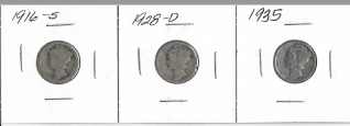 Three Different Mercury Dimes - 1916-S, 1928-D, & 1935