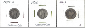 Three Different Mercury Dimes - 1916, 1920, & 1935-S