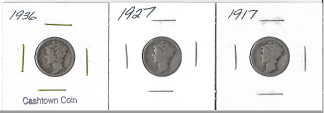Three Different Mercury Dimes - 1917, 1927, & 1936