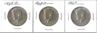 Three Different Kennedy Half Dollars - 1967, 1968-D, & 1969-D