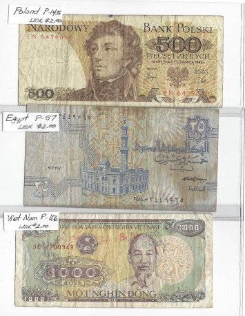 Three Different Foreign Banknotes - Egypt, Viet Nam, & Poland