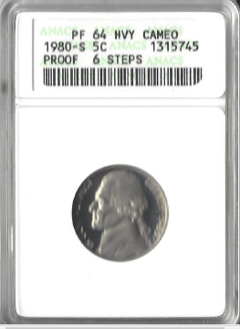 1980-S Nickel ANACS 6 Steps PF 64 Heavy Cameo