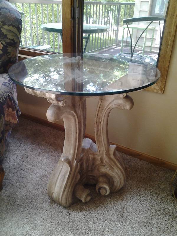 lot 95 image: Fancy Pedestal Glass Top Table 28 Inches Diameter, 28 Inches Tall