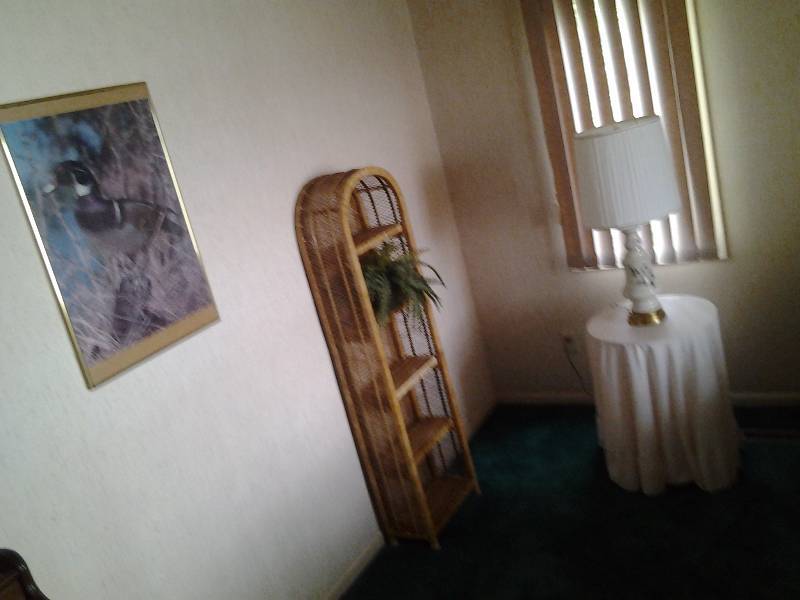 lot 118 image: Wicker Shelf 17x60, Round Table With Cover & Lamp, Framed Duck PicturePuzzle 21x30