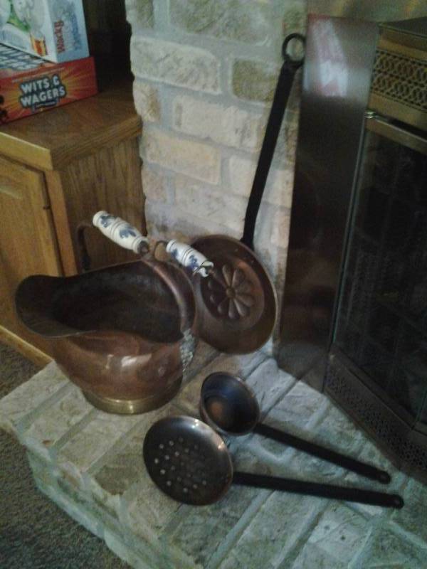 lot 129 image: Copper Pail & Decor At The Fireplace