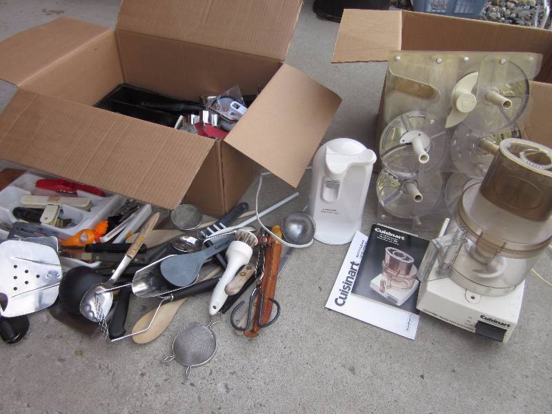Cuisinart Food Processor, Electric Can Opener, & Box of Misc Kitchen Accessories & Knives