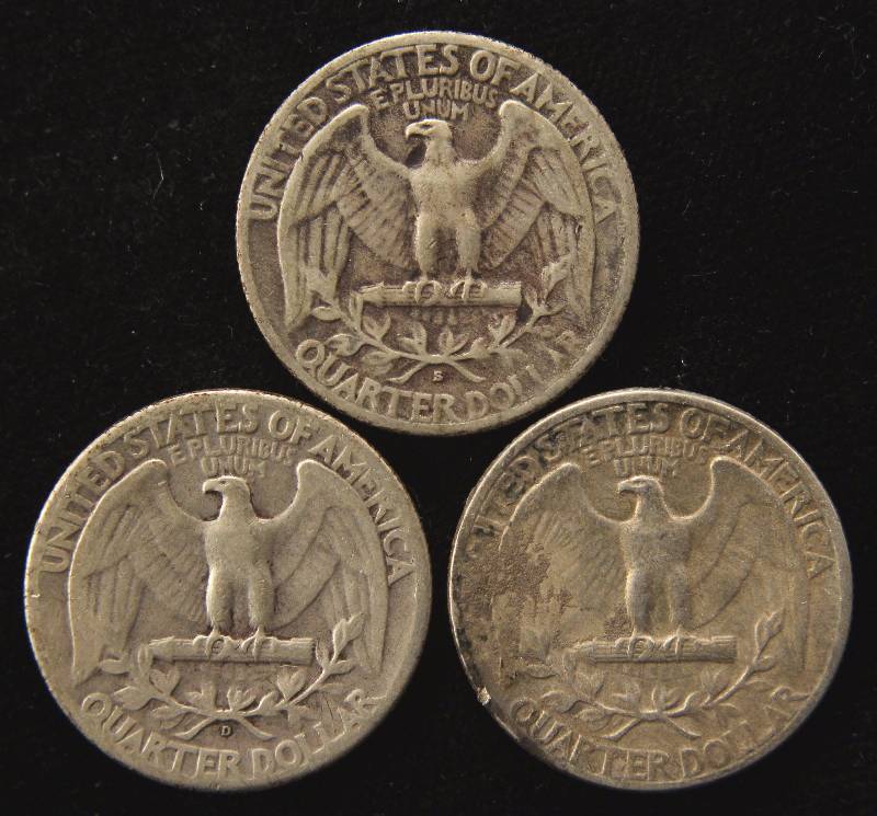 (3) SILVER WASHINGTON QUARTERS 1938-S, 1944-P & 1944-D