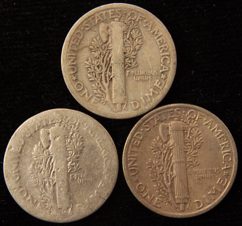 (3) SILVER MERCURY DIMES 1917-P VG, 1919-S G & 1944-P XF