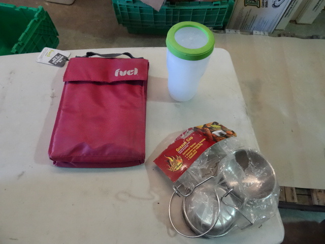 lot 41 image: NEW Lot Kitchen Items Incl. Insulated Lunch Bag, Nesting Travel Cup and Grill Grease Cups