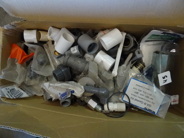 lot 45 image: NEW Entire Bin of Misc Plumbing Fittings and Accessories  Easily over $100 retail  GREEN BIN NOT INCLUDED
