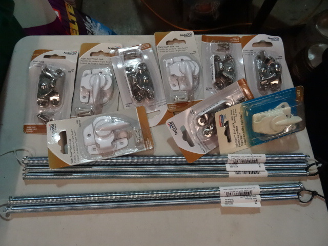 lot 59 image: NEW Hardware Lot Qty 5 Door Springs 15in ea, Qty 9 Sash Locks  Retail $35
