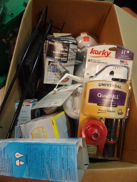 lot 66 image: NEW LOT ENTIRE BOX Misc. Items incl. Fertilizer Spreader, Light Bulbs, Dryver Vent Duct, Smoke Detector, Dog Dish, Heavy duty peg board hook and MORE