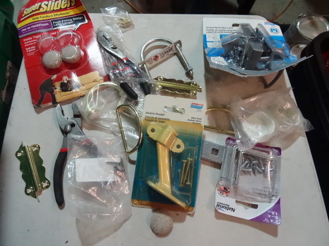 lot 110 image: NEW Hardware Lot Pliers, ScreenStorm Door Handle, U Bolts, L Brackets, & MORE
