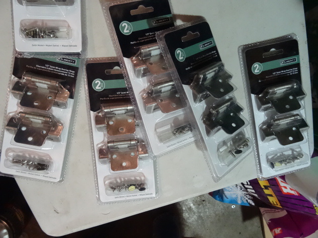 lot 117 image: NEW Qty 6 Packages Semi Wrap Overlay Hinges  2 Per pack (12 total) Satin Nickle  Retail $80