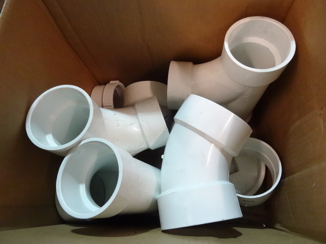 lot 131 image: NEW Entire Box PVC Pipe Fittings 3 in, 4 in and 6 in.