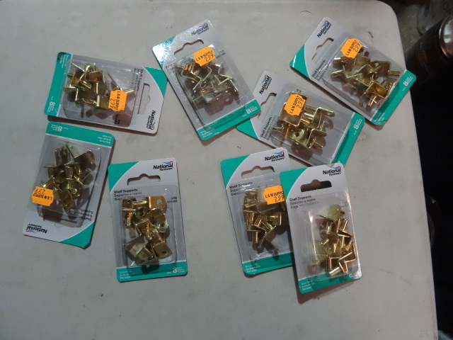 lot 144 image: NEW LOT Brass Shelf Supports 8 packs 8 pcs ea. (64 total)  Retail $24
